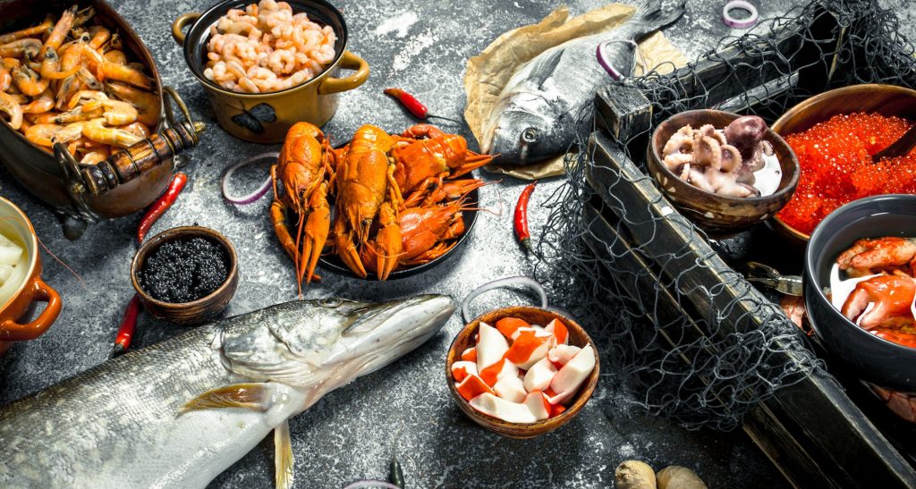 Different fresh seafood.