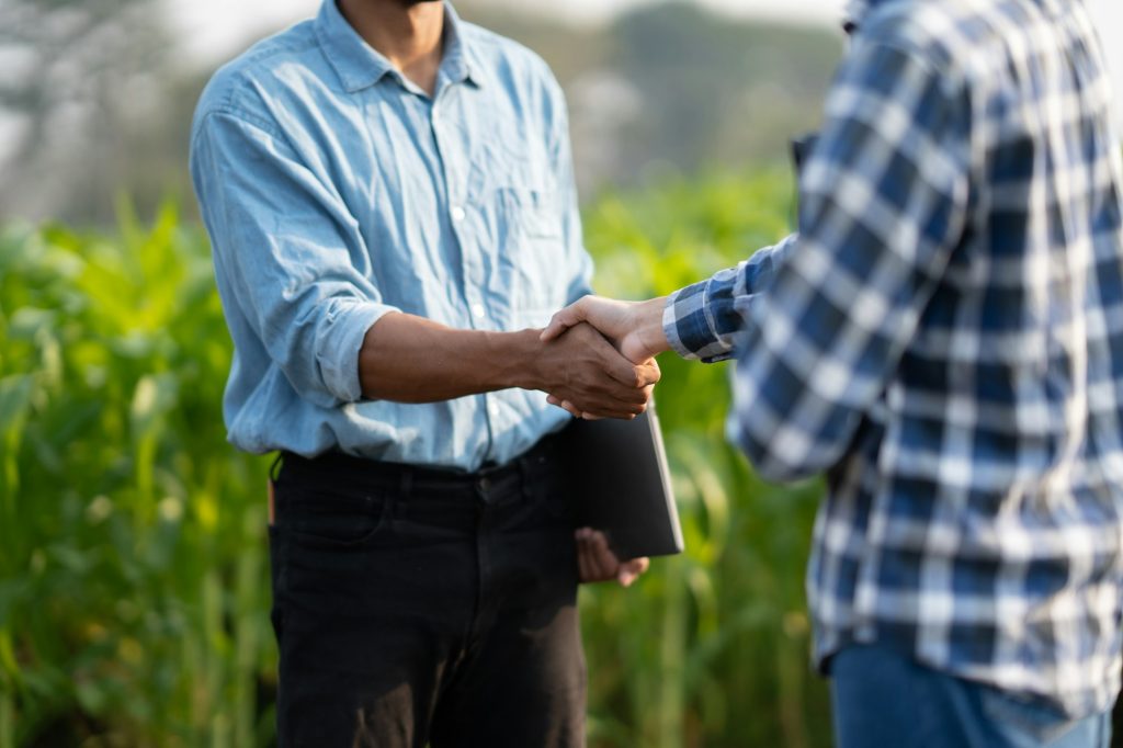 Handshake two farmer with crops field background. The concept of the agricultural business. farmer h